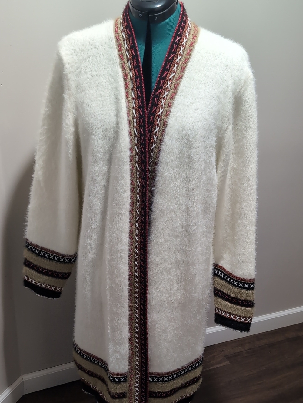Anama Ivory Open-Front Fuzzy Cardigan with Multicolor Trim